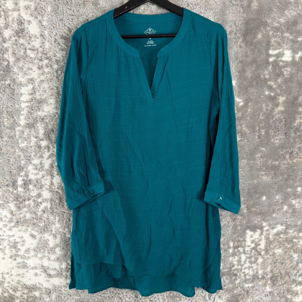 St. John's Bay Size M Split Neck Slub Knit Tunic Top Teal 3/4 Sleeve Women